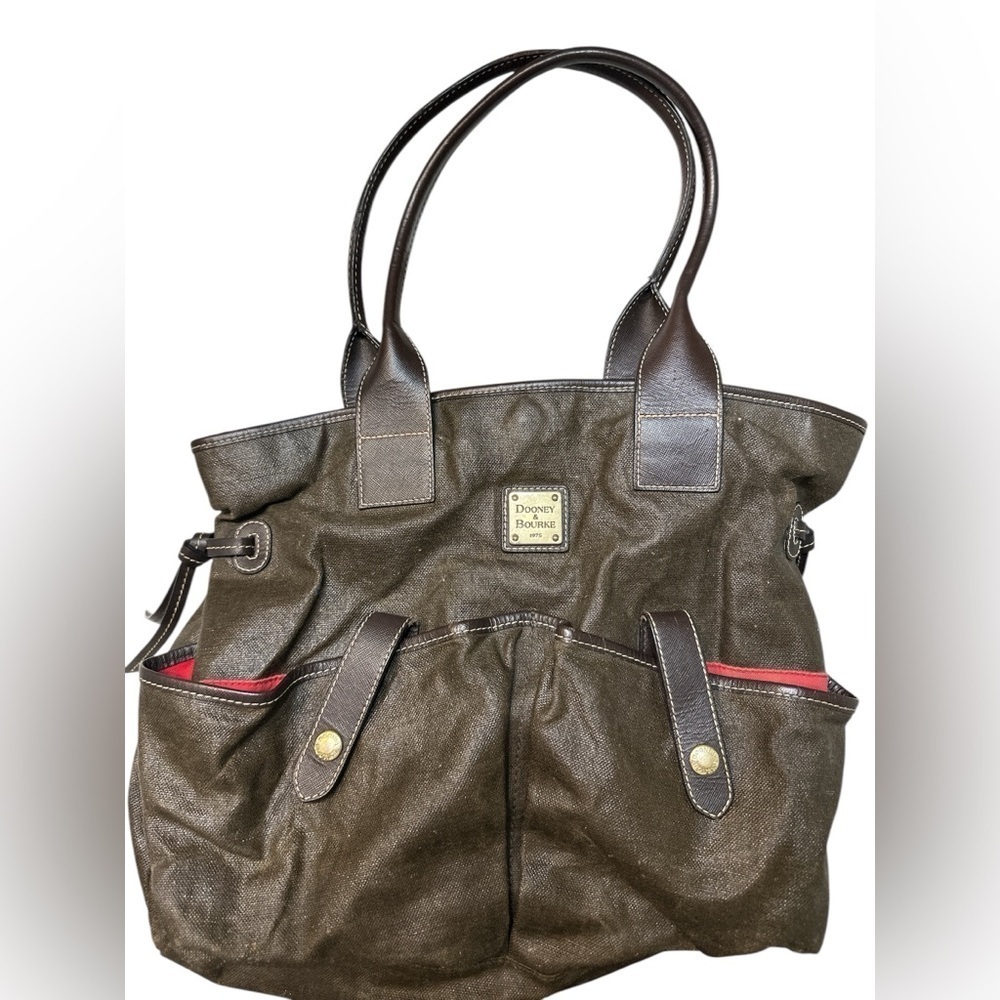Dooney & Bourke brown coated canvas red lining tote